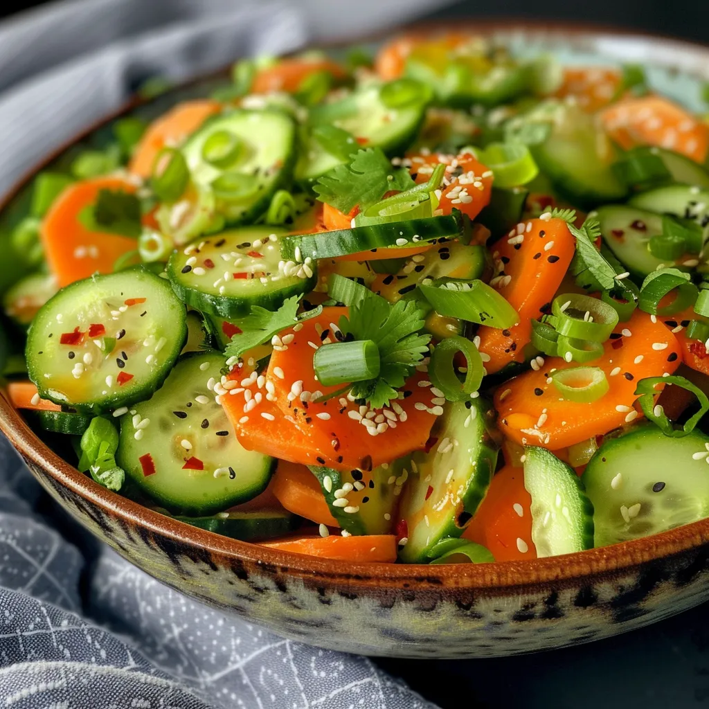 Fresh Asian Cucumber Salad vibrant with green onions and sprinkled sesame seeds.