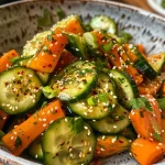 Detailed view of a fresh Asian Sesame Cucumber Salad, showcasing cucumber slices topped with sesame seeds and green onions.