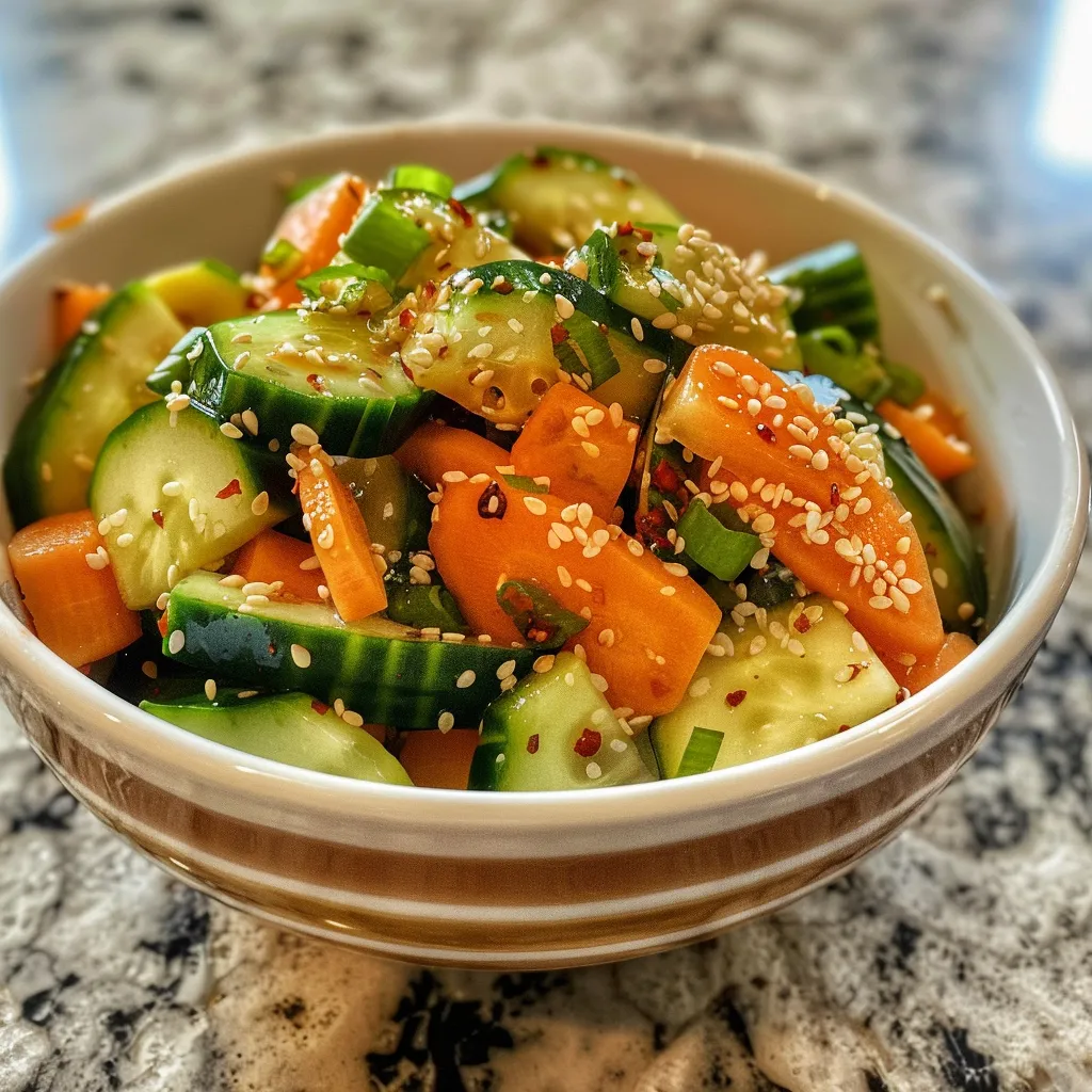 Juicy Asian Sesame Cucumber Salad displayed in a bowl, highlighting the glossy sesame dressing and vibrant ingredients.