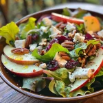 Detailed image of an autumn salad with layers of sliced apples, dried cranberries, and nuts on a plate.