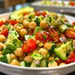 Side view of a bowl filled with avocado, chickpeas, and colorful vegetables, ready to be served.