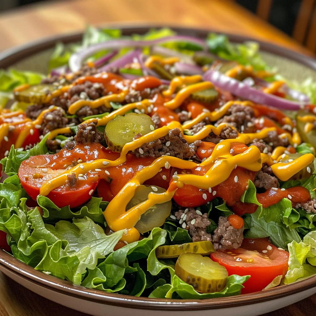 Vibrant Big Mac Salad with various ingredients, highlighting its fresh and appetizing look.