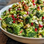 Detailed shot of Broccoli Crunch Salad showcasing red cabbage, green onion, and a rich dressing.
