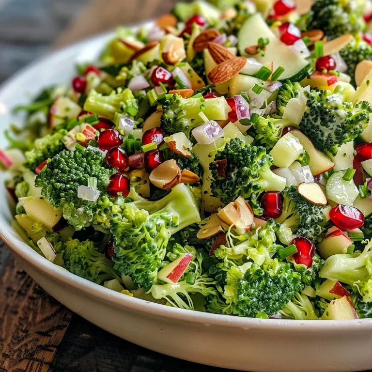Detailed shot of a Broccoli Crunch Salad showcasing chopped apples, slivered almonds, and pomegranate seeds.