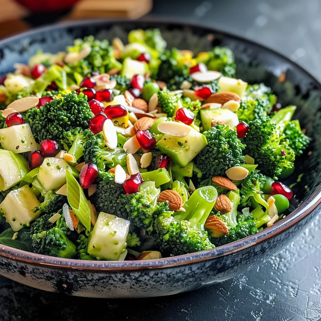 Juicy, enticing Broccoli Crunch Salad filled with broccoli florets, apple pieces, and almond slices.