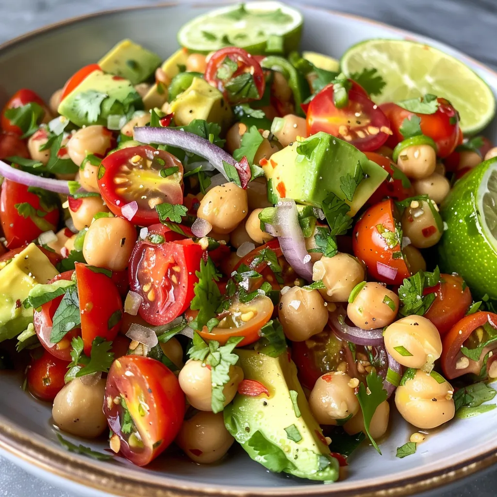 Juicy Chickpea Avocado Salad arranged beautifully with fresh cilantro on top.
