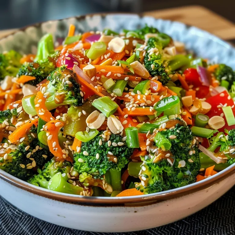 A Colorful Crunch: The Broccoli Salad That Whispers Tales of Togetherness Detailed image of a mixed vegetable salad topped with toasted sesame seeds and sliced almonds.