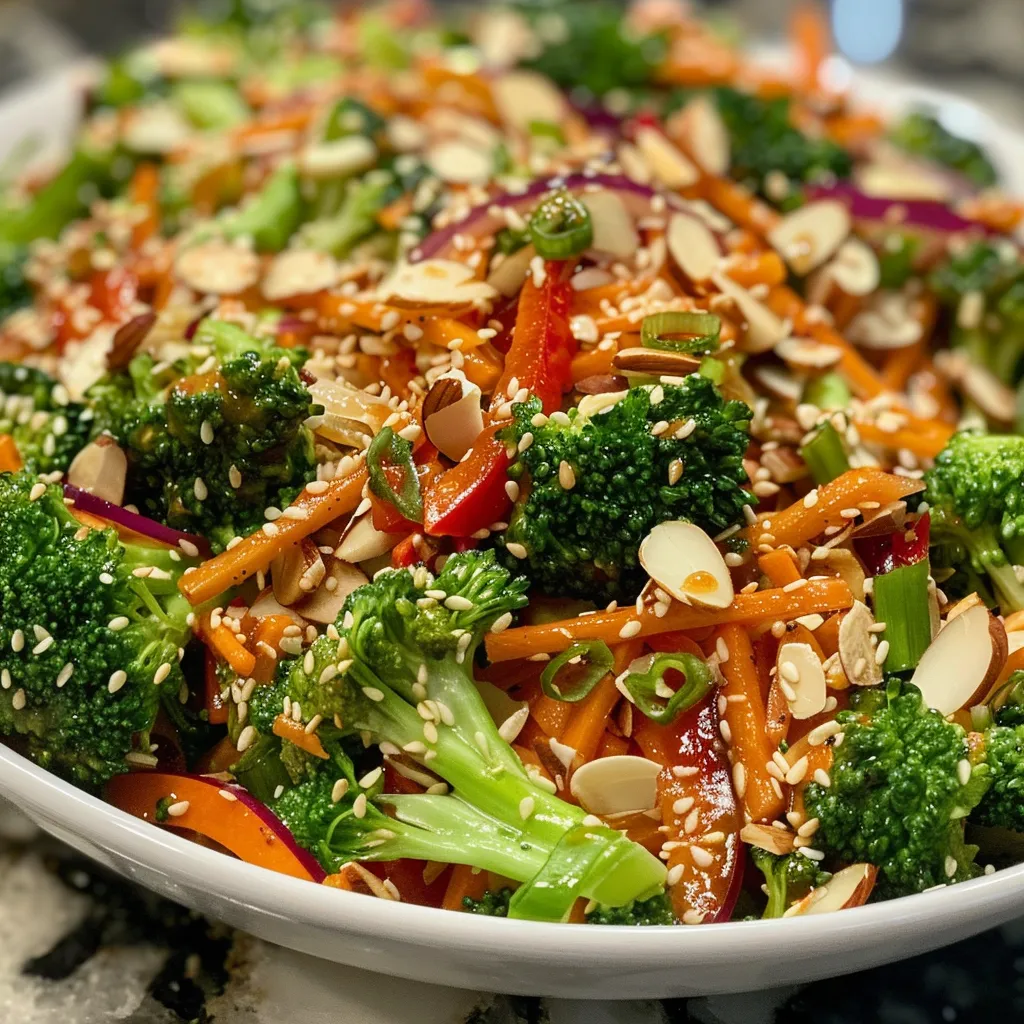 Tasty broccoli salad with red bell pepper and green onions, garnished with sesame seeds.
