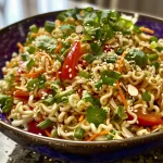Detailed shot of a bowl filled with crunchy ramen salad topped with green onions and cilantro.