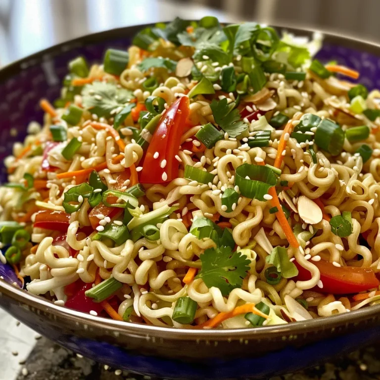A Colorful Crunch: Celebrating Togetherness with Ramen Noodle Salad Detailed shot of Crunchy Asian Ramen Noodle Salad showcasing its crunchy texture and bright ingredients.