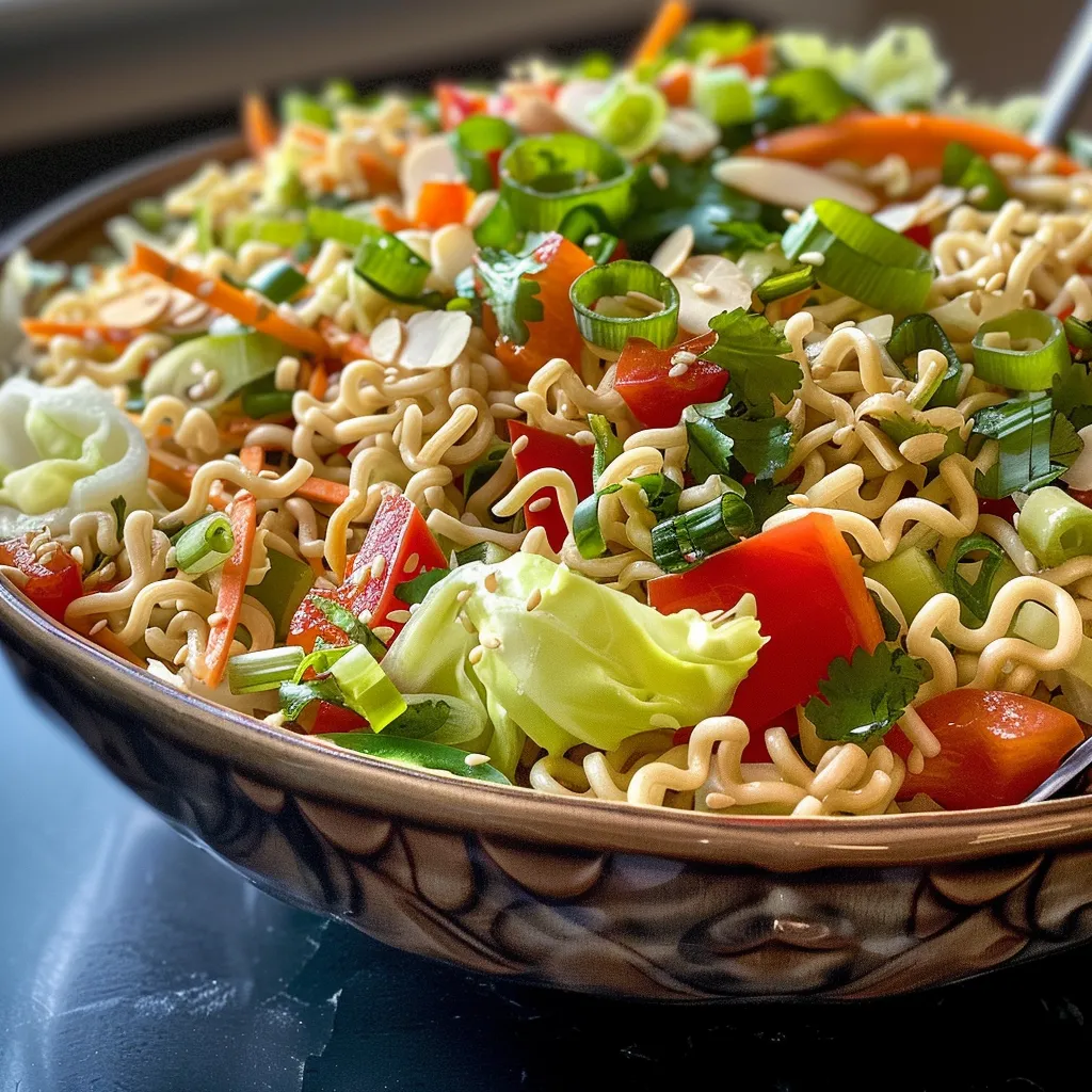 Close up of an Asian-style salad showcasing ramen noodles mixed with coleslaw and nuts.