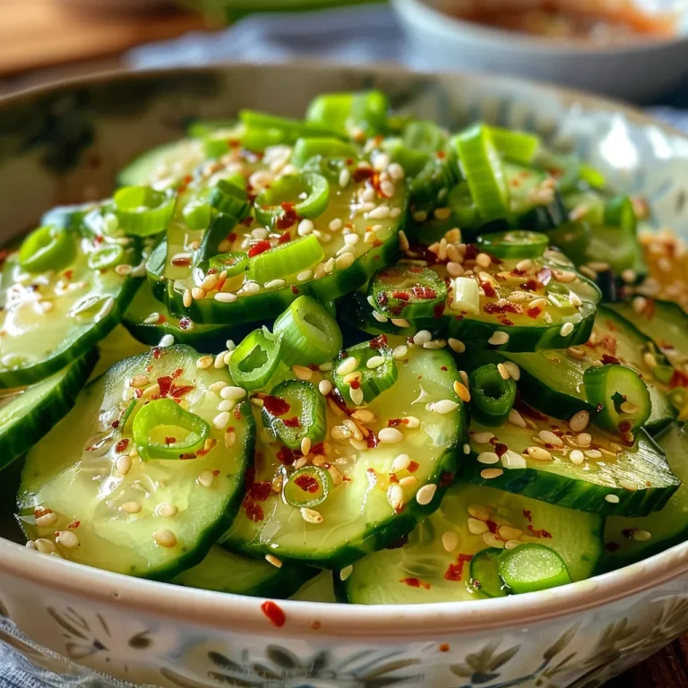 The Refreshing Crunch of Family: Cucumber Salad with Chili & Sesame Side angle shot of a fresh cucumber salad garnished with sesame seeds and chili flakes.