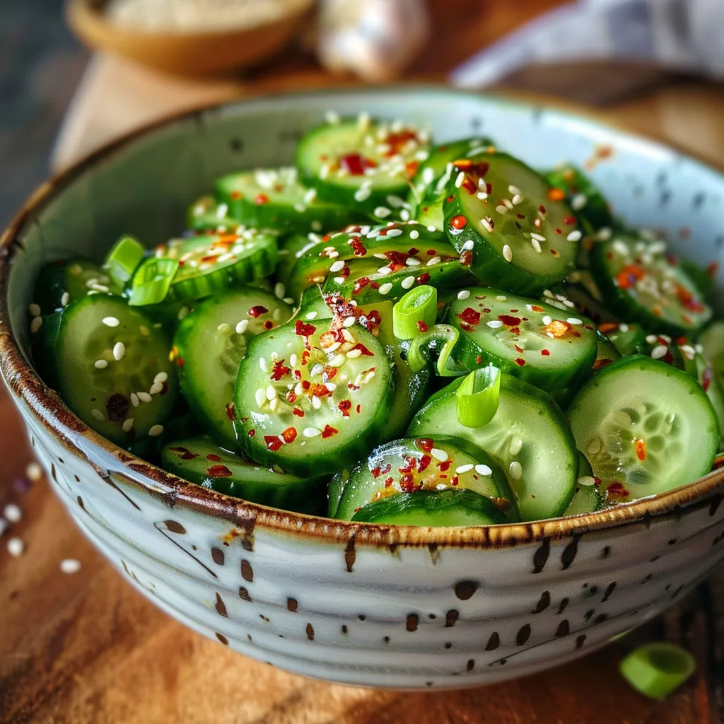 Delicious cucumber salad arranged with spring onions and a drizzle of soy sauce.