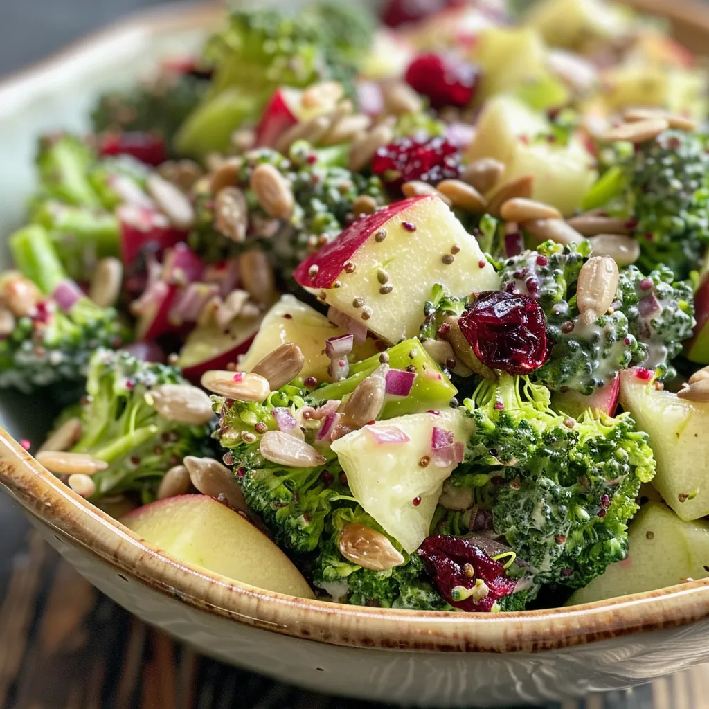 Close-up of a crunchy salad with fresh broccoli, red apple, and sunflower seeds.