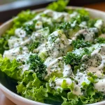 Juicy Fresh Green Goddess Salad arranged with Romaine, Kale, and herbs.
