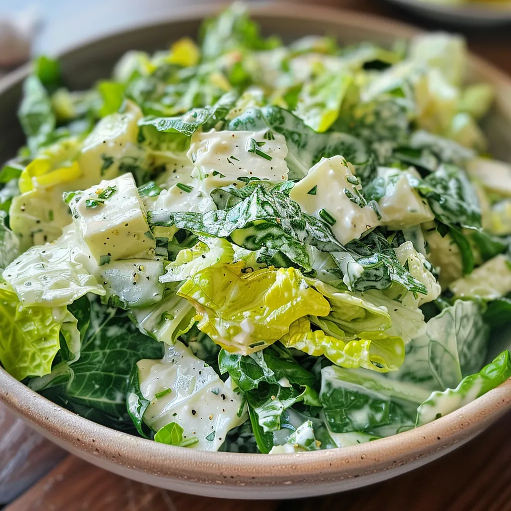 Fresh Green Goddess Salad displaying a mix of leafy vegetables and a creamy dip.