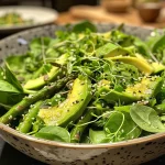 Detailed image of a Green Goddess Salad featuring chopped romaine, asparagus, and microgreens.