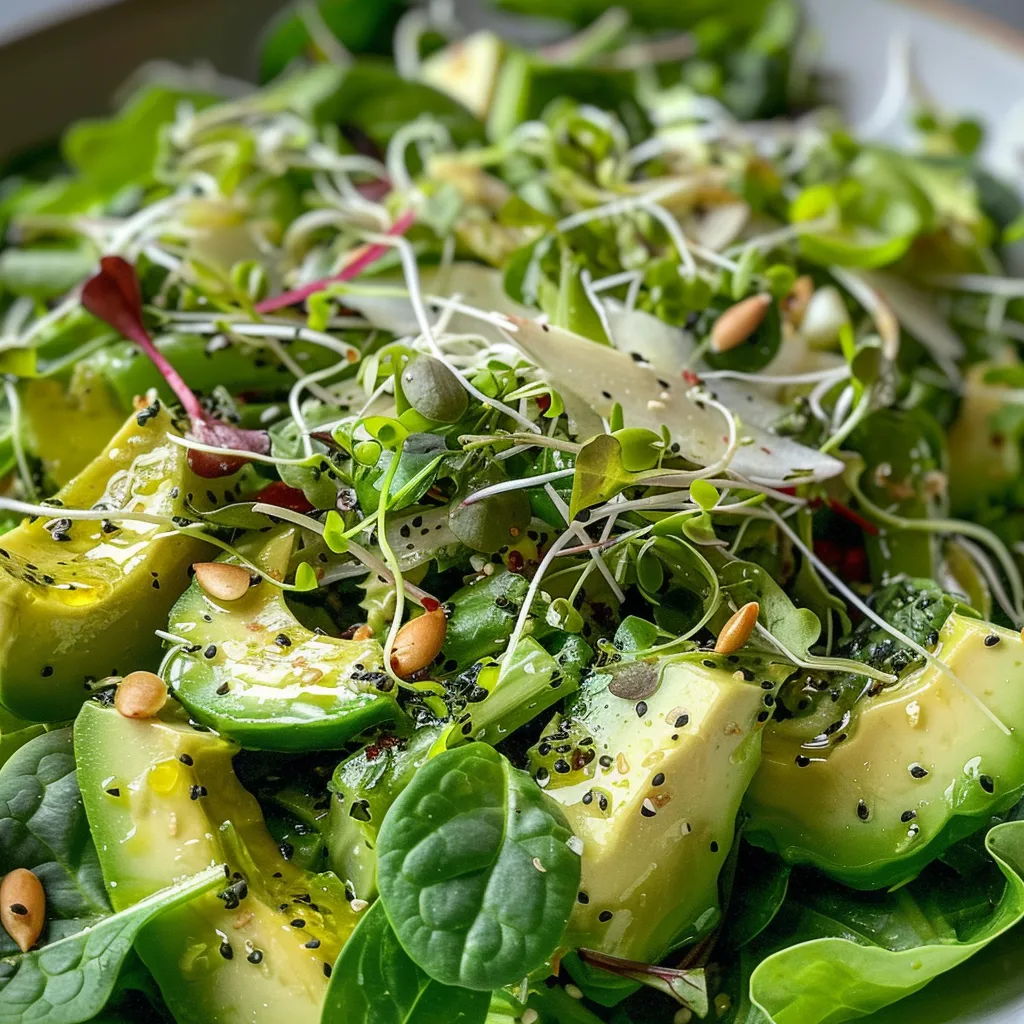 Close-up of a Green Goddess Salad's ingredients arranged beautifully, highlighting the creamy dressing and fresh herbs.
