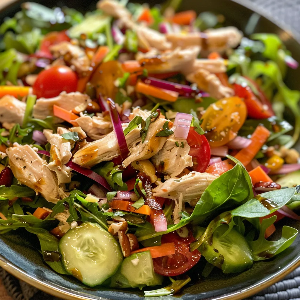 Mouthwatering presentation of Honey Chicken Salad with nuts and cheese topped with dressing.