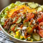 Juicy Keto Big Mac Salad showcasing ground beef and fresh ingredients in a bowl.
