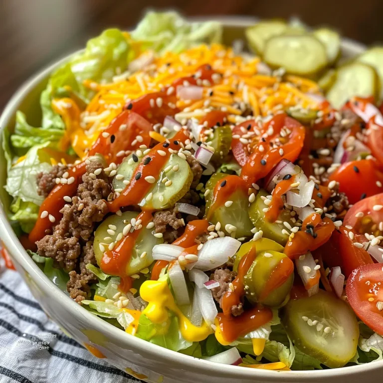 Juicy Keto Big Mac Salad with distinctive ingredients like cheese, pickles, and onions.