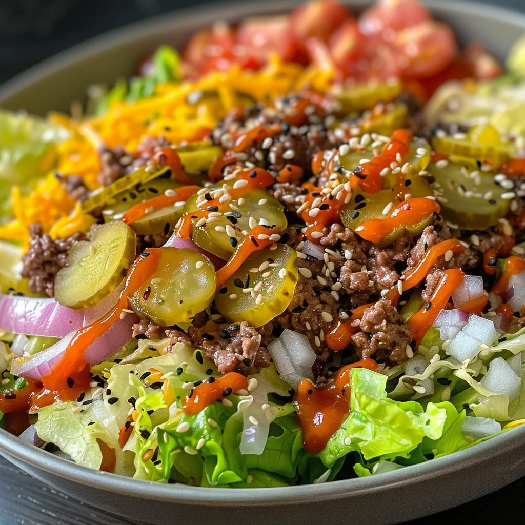 Detailed shot of a Keto Big Mac Salad served in a bowl, showcasing its colorful ingredients.