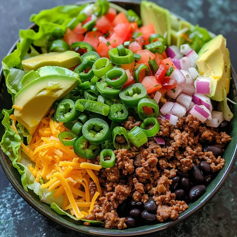 Side view of a delicious Keto Taco Salad Bowl showcasing diced tomatoes and cheese.