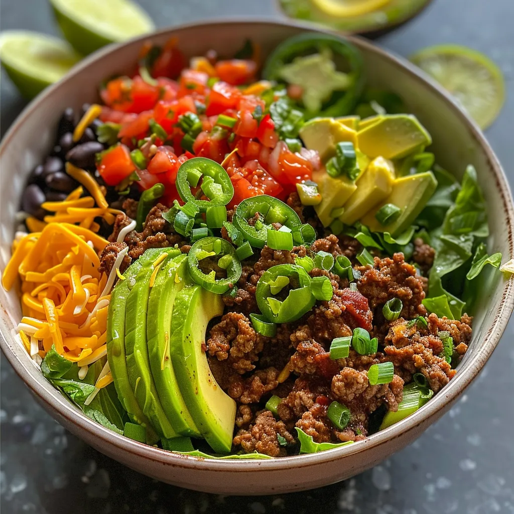A hearty Keto Taco Salad Bowl filled with fresh greens and colorful toppings.