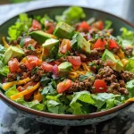 Juicy Keto Taco Salad displayed with layers of ingredients including beef, cheese, and tomatoes.