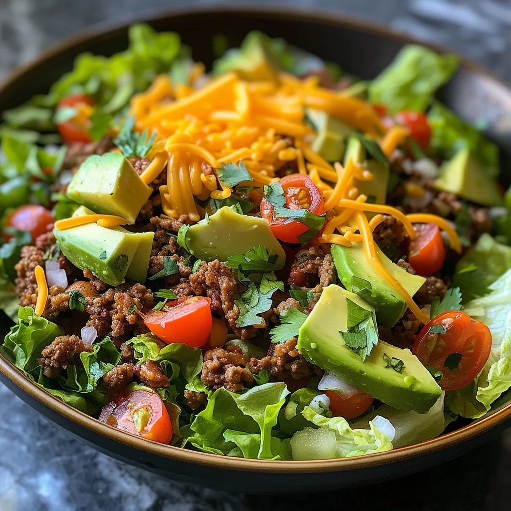 Detailed look at a Keto Taco Salad, showcasing ground beef, lettuce, and salsa in a bowl.