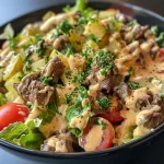 Juicy Low-Carb Big Mac Salad arranged with lettuce, cheese, and condiments.