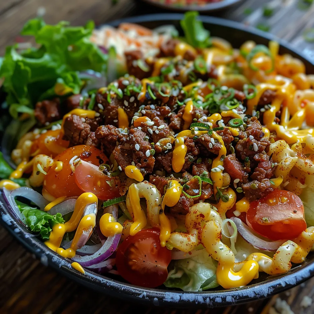 Detailed close-up of a Low-Carb Big Mac Salad showcasing diced tomatoes and pickles.