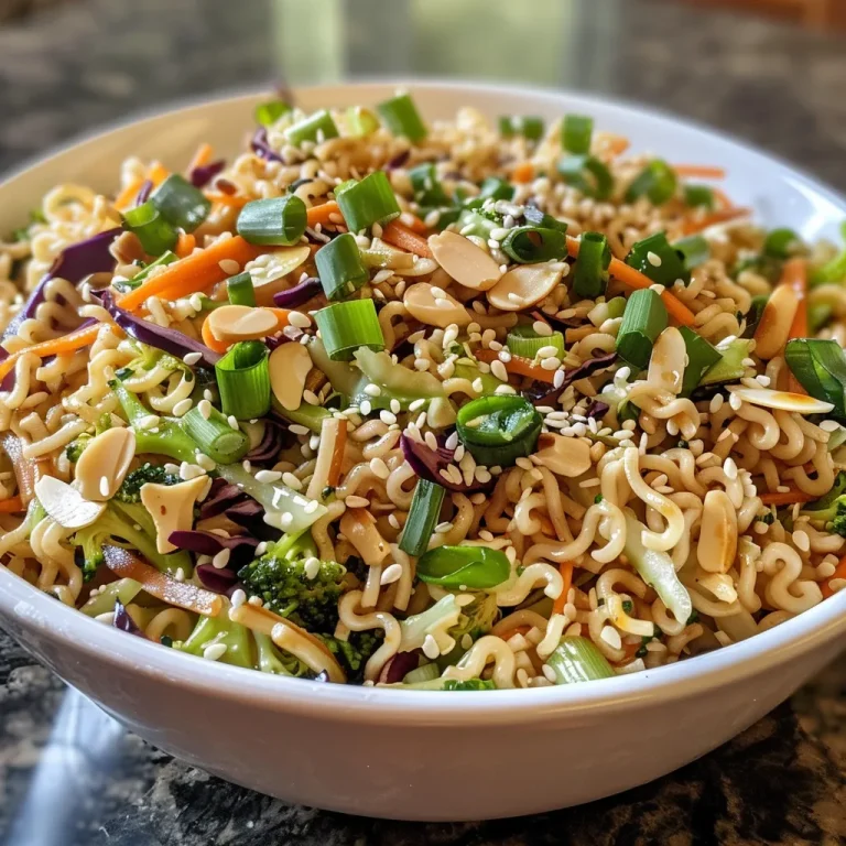 Nostalgic Noodles: A Heartfelt Salad That Brings Us Together Detailed shot of an Oriental salad with crunchy toppings and Ramen noodles.