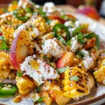 Detailed close-up of a Peach Corn Burrata Salad with bright ingredients like peaches and corn, topped with creamy cheese.
