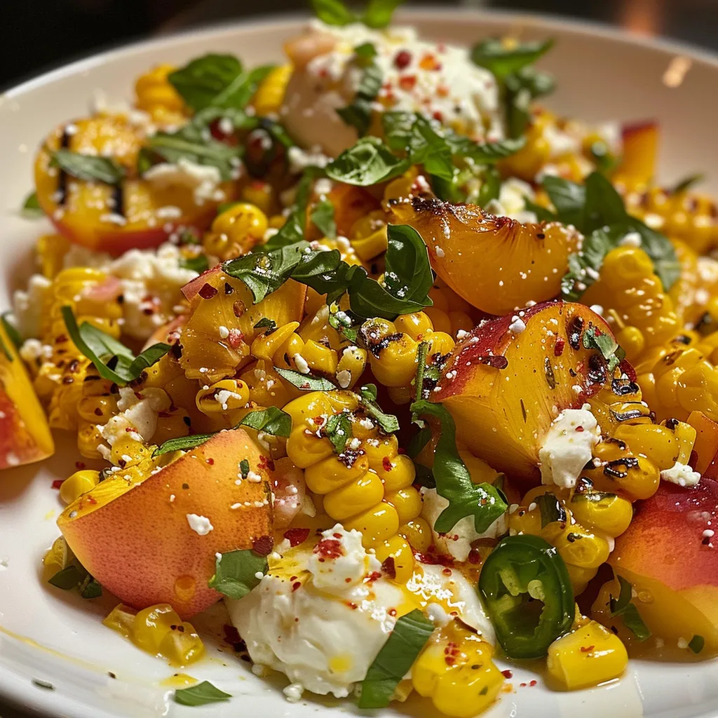 Artistic presentation of a Peach Corn Burrata Salad showing succulent peaches, grilled corn, and a dollop of burrata.
