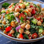 Detailed shot of a nutritious quinoa salad including red bell pepper, zucchini, and fresh herbs.
