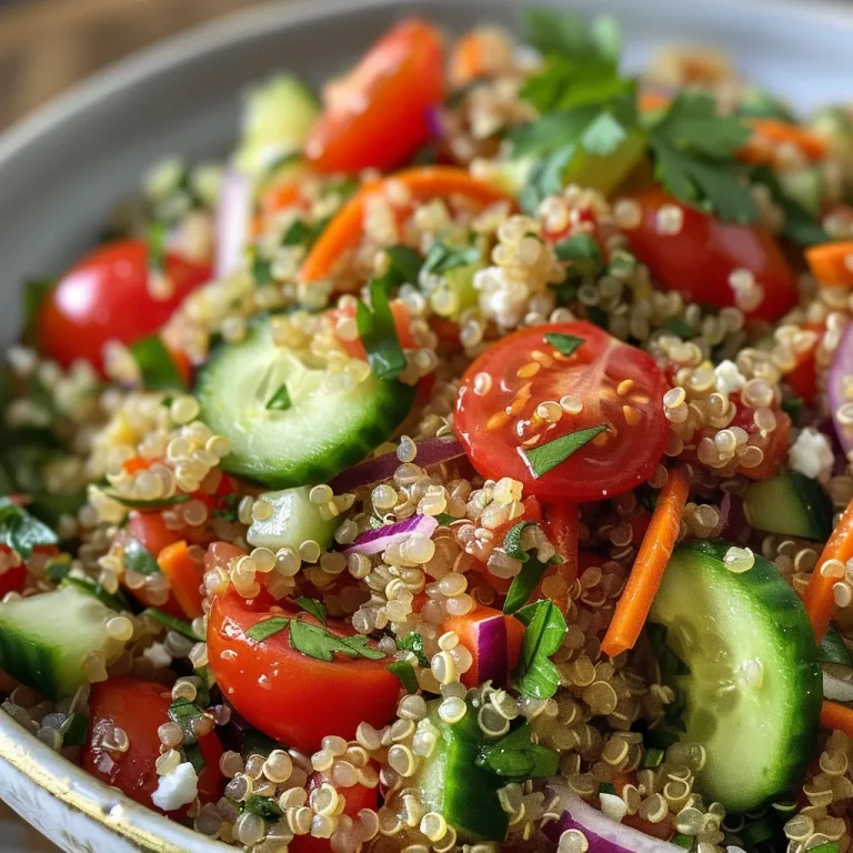 A Colorful Quinoa Power Salad That Nourishes the Soul A healthy bowl of Quinoa Power Salad showcasing diced veggies and feta cheese, garnished with parsley.