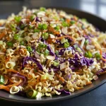 Detailed view of a Ramen Noodle Salad with almonds, seeds, and dressing.