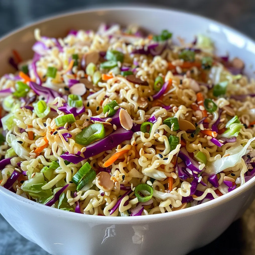 Fresh Ramen Noodle Salad showcasing leafy greens and crunchy toppings.