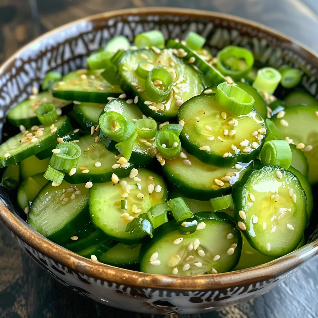 Close-up image of a refreshing Sesame Cucumber Salad with visible ingredients and textures.