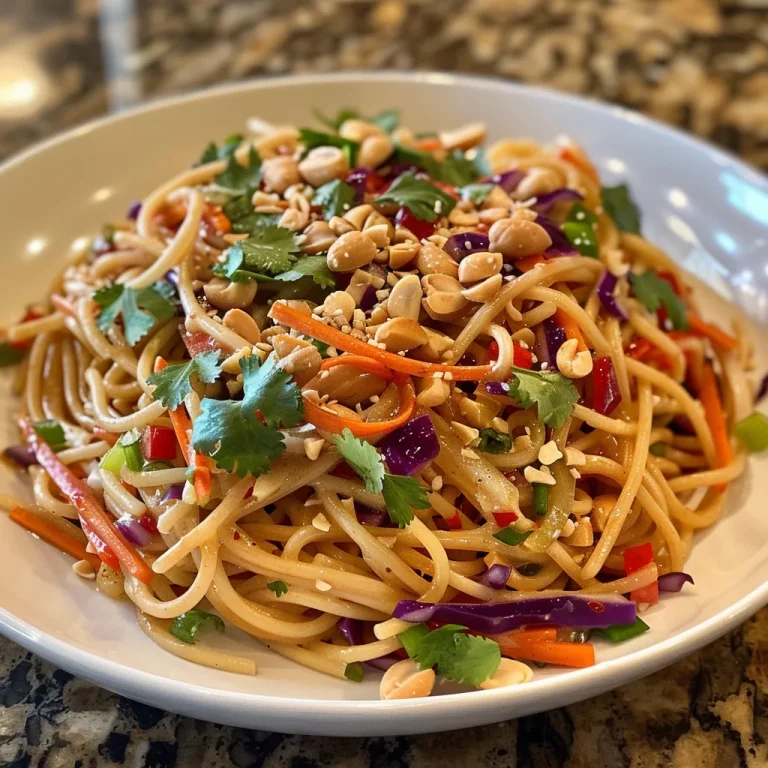 Detailed image of Spicy Thai Peanut Noodle Salad showcasing colorful ingredients and a creamy sauce.