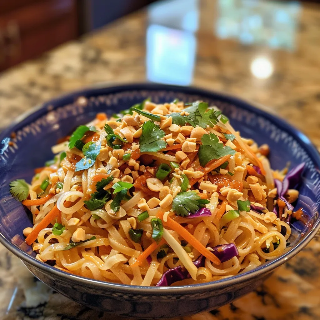 Close-up of a delicious Spicy Thai Peanut Noodle Salad highlighting fresh vegetables and peanut garnish.