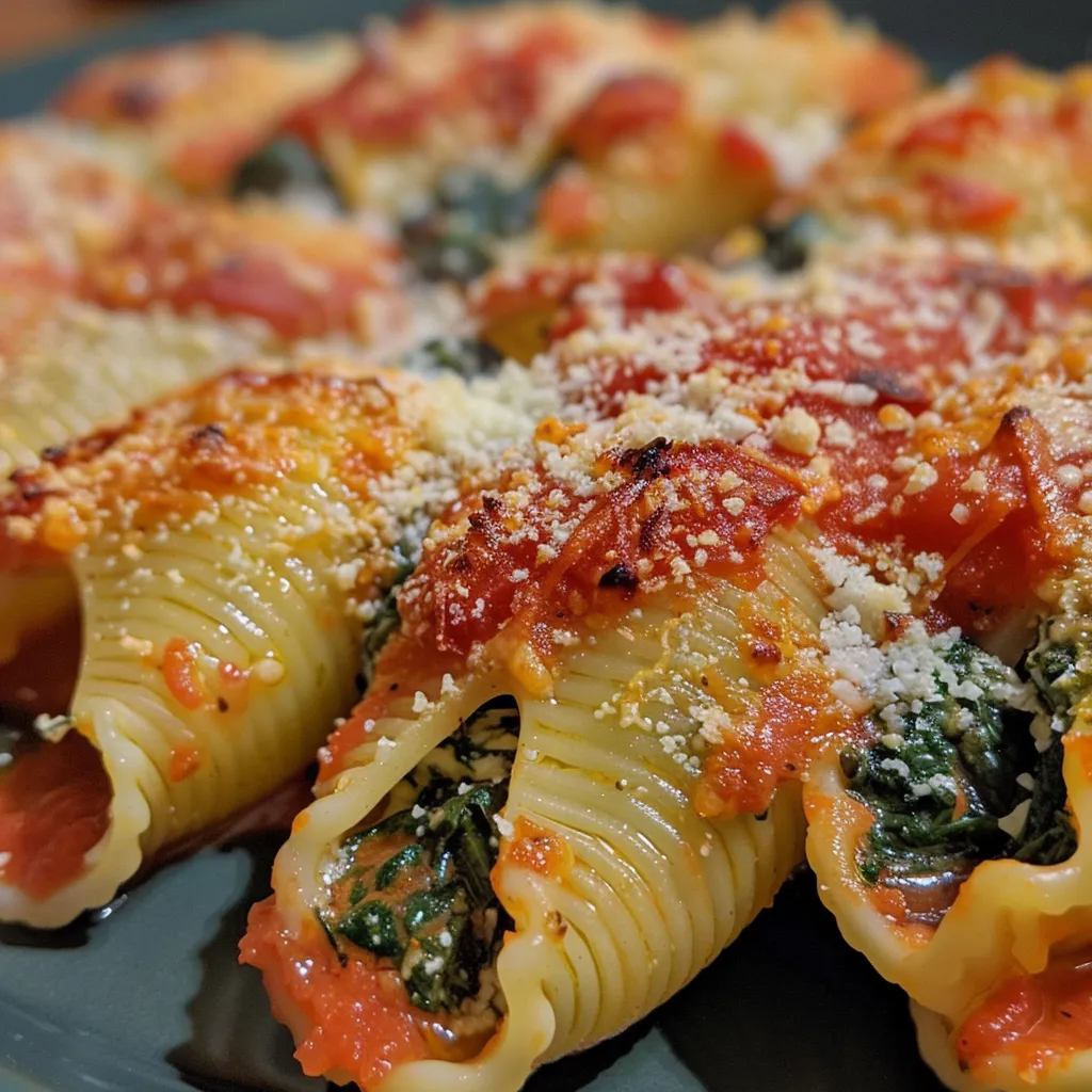 Juicy spinach and ricotta stuffed pasta shells, dripping with marinara sauce in a shallow bowl.