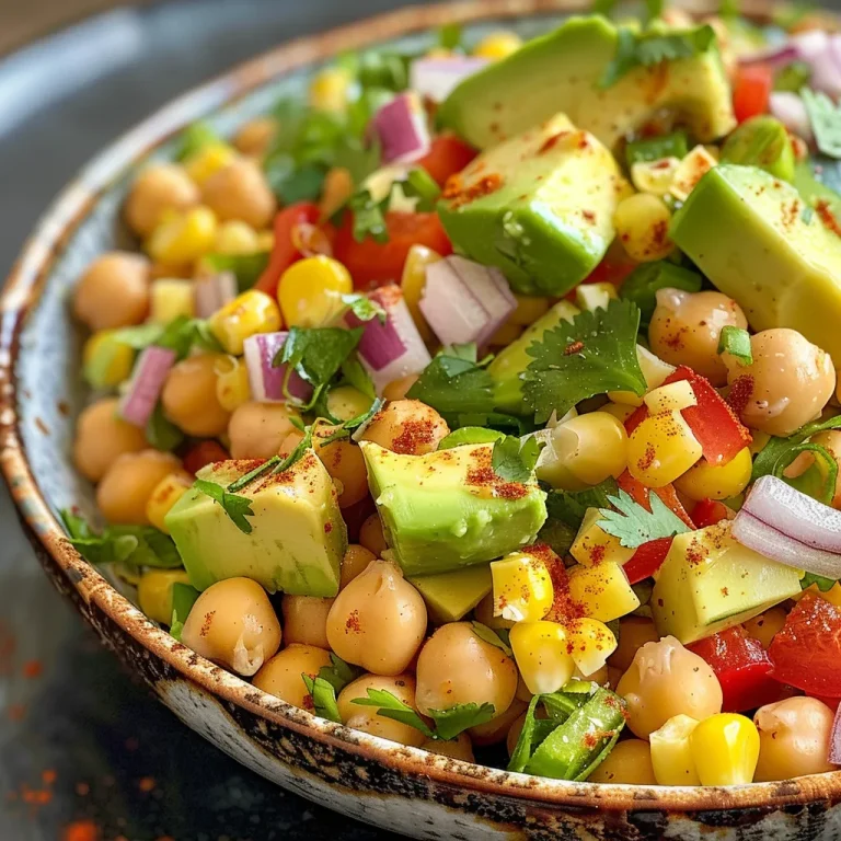 Harvesting Joy: A Colorful Sweet Corn, Chickpea & Avocado Salad Side angle shot of a fresh salad with sweet corn, chickpeas, and avocado, showcasing its textures.