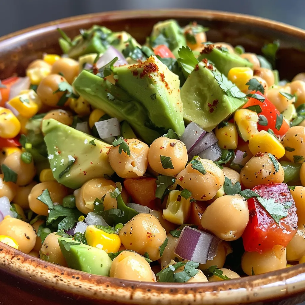 Detailed image of a salad filled with sweet corn, chickpeas, red onion, and cilantro.