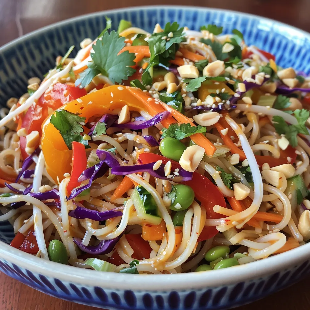 Thai noodle salad garnished with cilantro and peanuts, presented in a bowl.