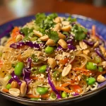 Detailed close-up of a Thai Peanut Noodle Salad featuring colorful ingredients and peanut sauce.