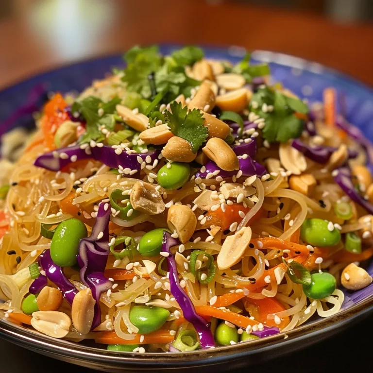 Noodles and Nostalgia: A Heartfelt Thai Peanut Salad Recipe Detailed close-up of a Thai Peanut Noodle Salad featuring colorful ingredients and peanut sauce.