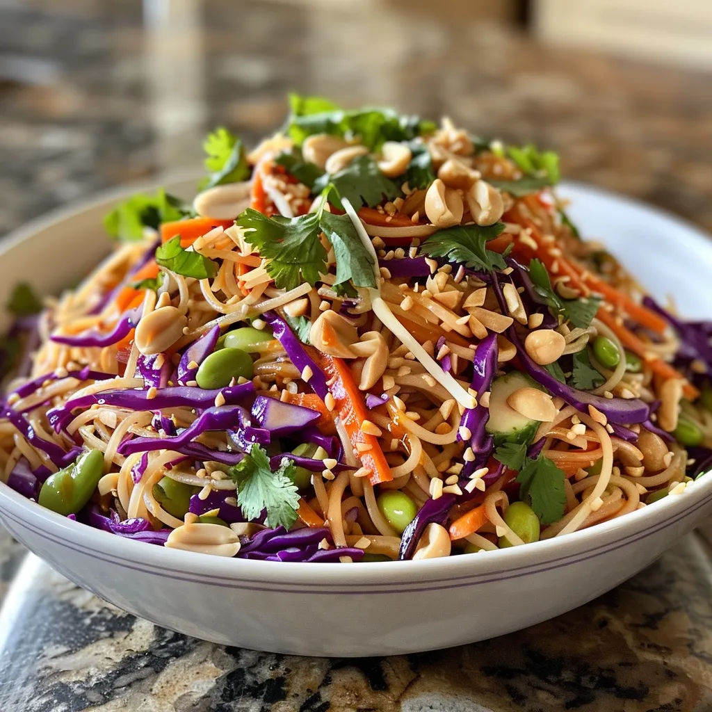Appetizing side view of a Thai Peanut Noodle Salad with shredded carrots and bell peppers.