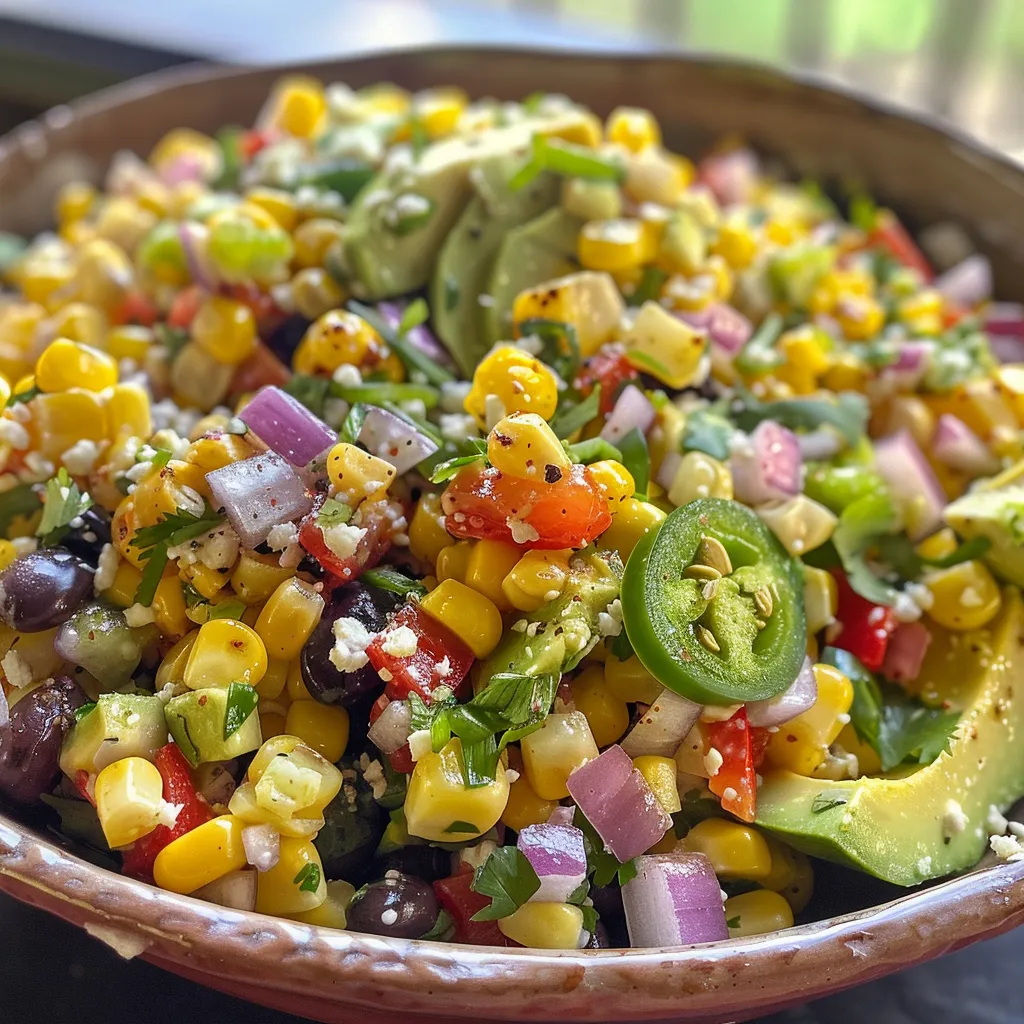 Detailed image of Vegan Elote Salad showcasing roasted corn, jalapeno, and lime juice.